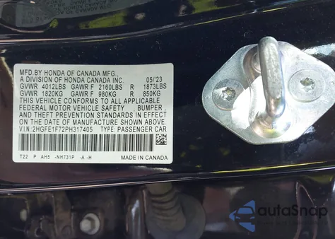 2023 Honda Civic Ex /Ex W/O Bsi from USA, damaged, VIN 2HGFE1F72PH317405